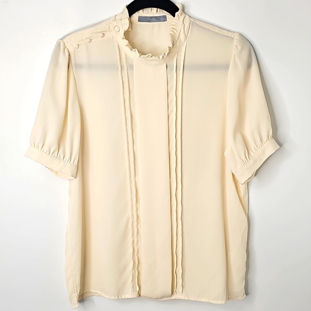 Octavia Semi-sheer Blouse w Ruffle Neckline & Shoulder‎ Button & Pleats Sz: M